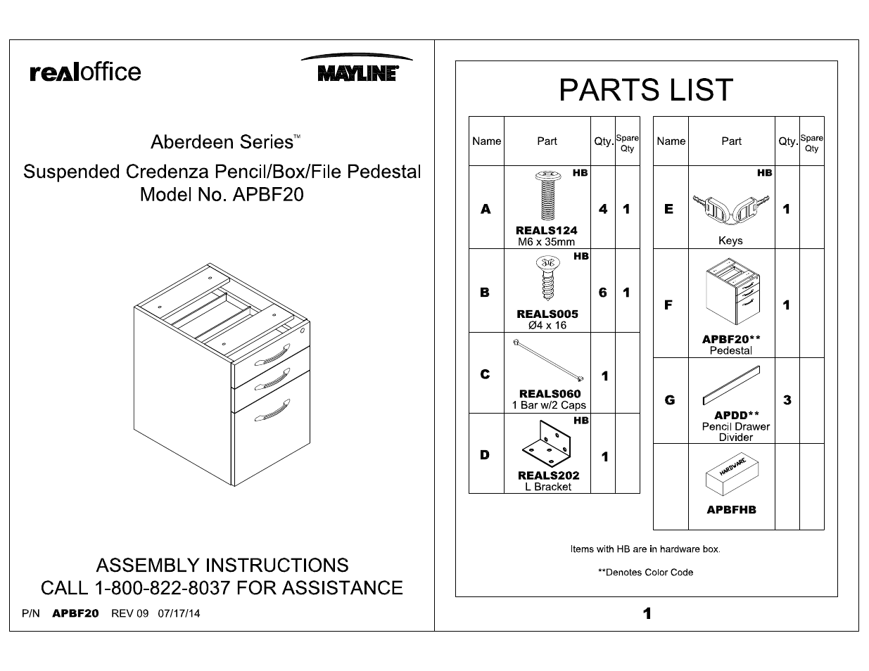 Mayline Suspended Pedestal for Credenza - 20" Aberdeen Series User Manual | 4 pages