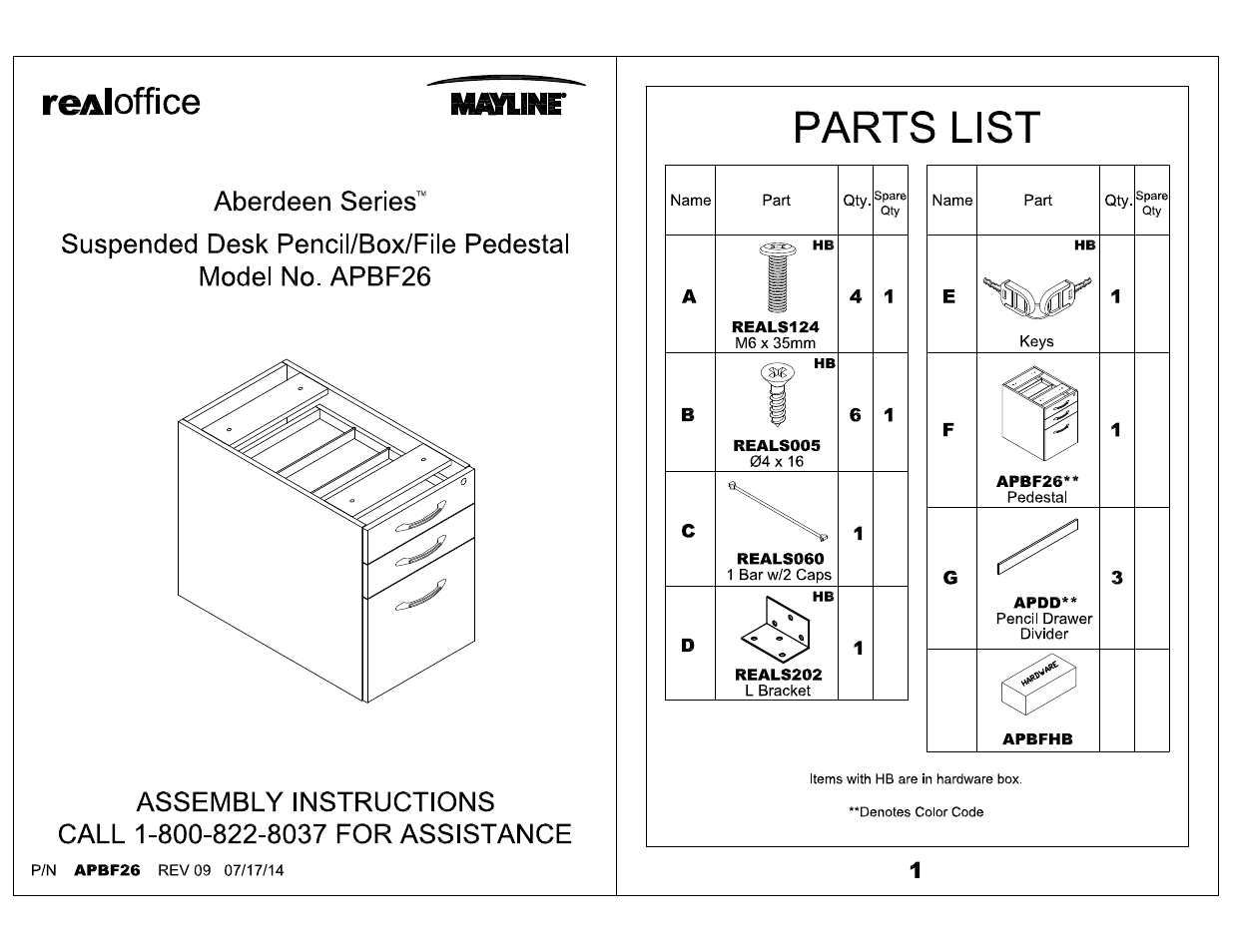 Mayline Suspended Pedestal for Desk - 26" Aberdeen Series User Manual | 4 pages