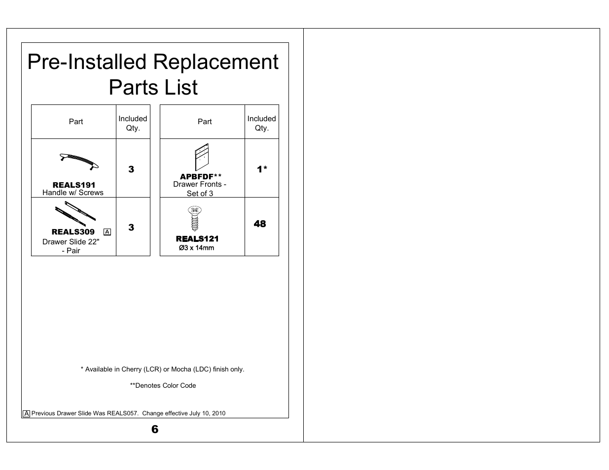 Pre-installed replacement parts list | Mayline Suspended Pedestal for Desk - 26" Aberdeen Series User Manual | Page 4 / 4