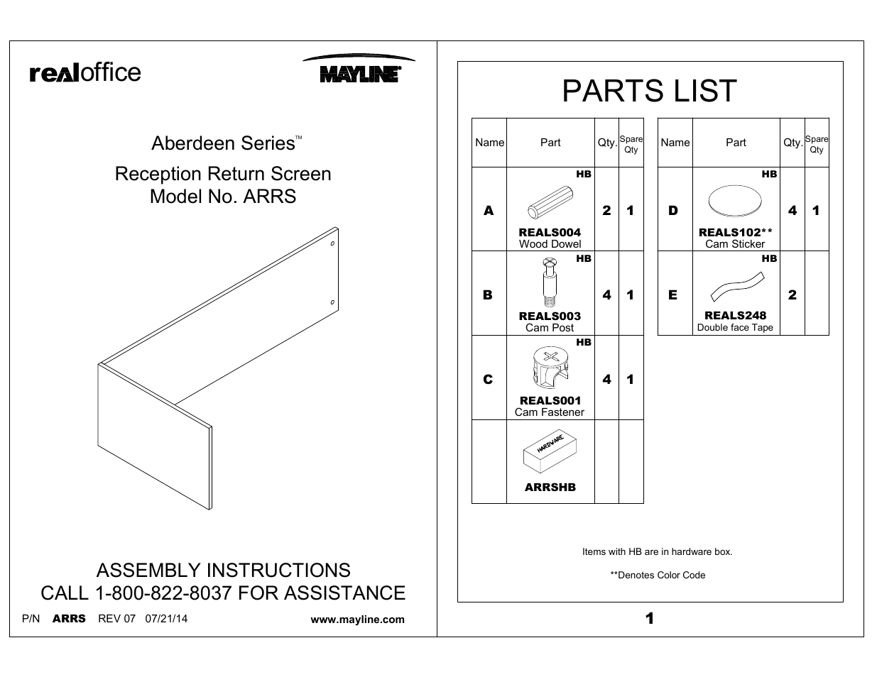 Mayline Reception Return Screen Aberdeen Series User Manual | 3 pages