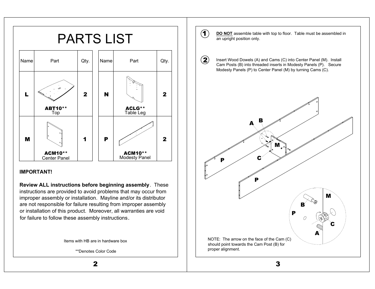 Parts list | Mayline Boat-Shaped Table – 120" x 48 Boat Aberdeen Series" User Manual | Page 2 / 4