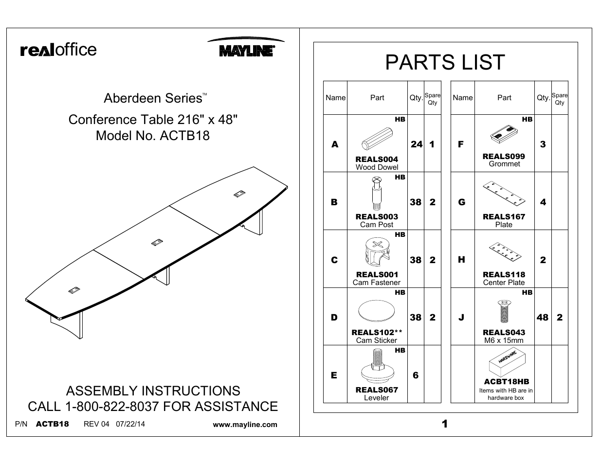 Mayline Boat-Shaped Table -- 216" x 48 Boat Aberdeen Series" User Manual | 5 pages