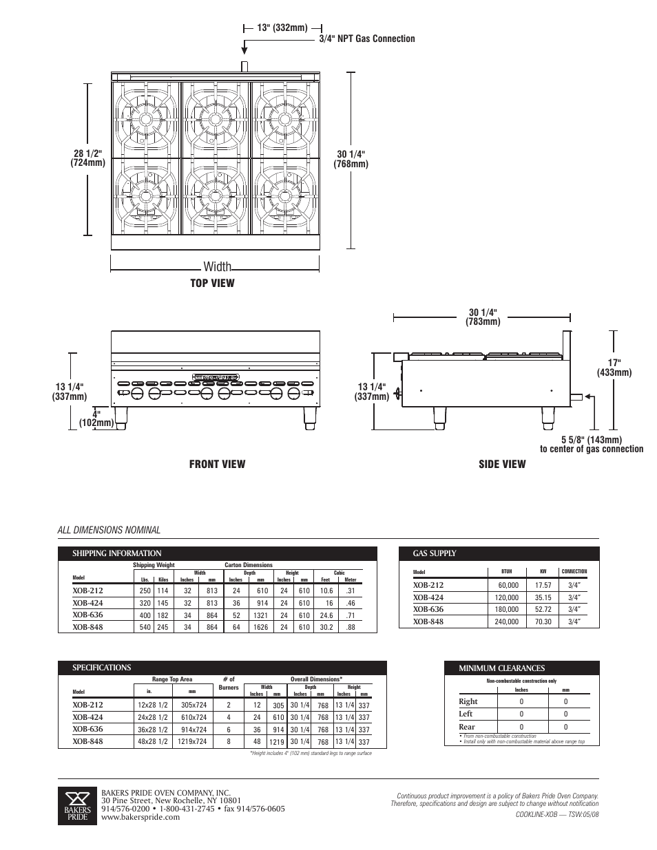 Width, Front view top view side view | Bakers Pride XOB-848 User Manual | Page 2 / 2