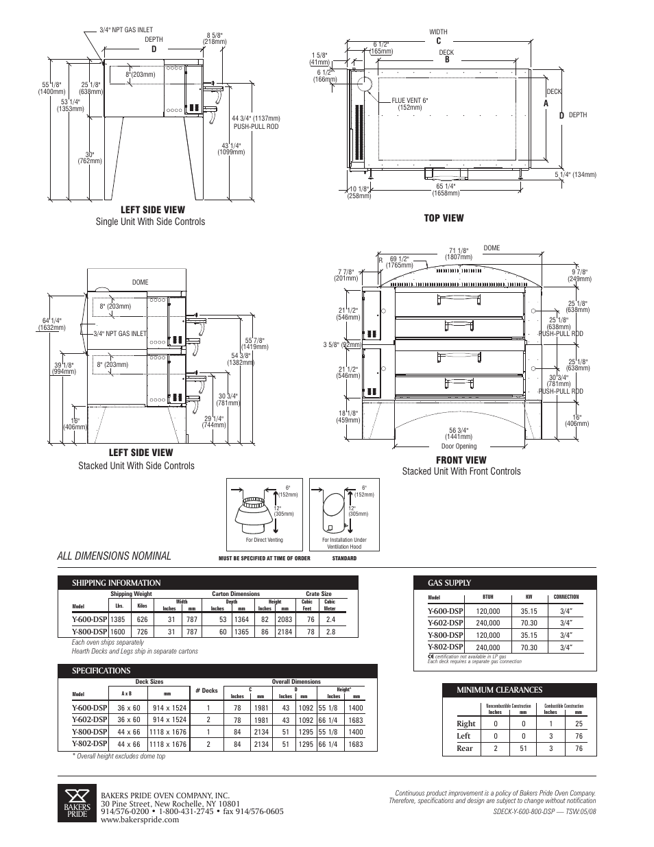 All dimensions nominal, Top view, Single unit with side controls | Left side view, Stacked unit with side controls, Left side view stacked unit with front controls, Front view | Bakers Pride Y-602-DSP User Manual | Page 2 / 2
