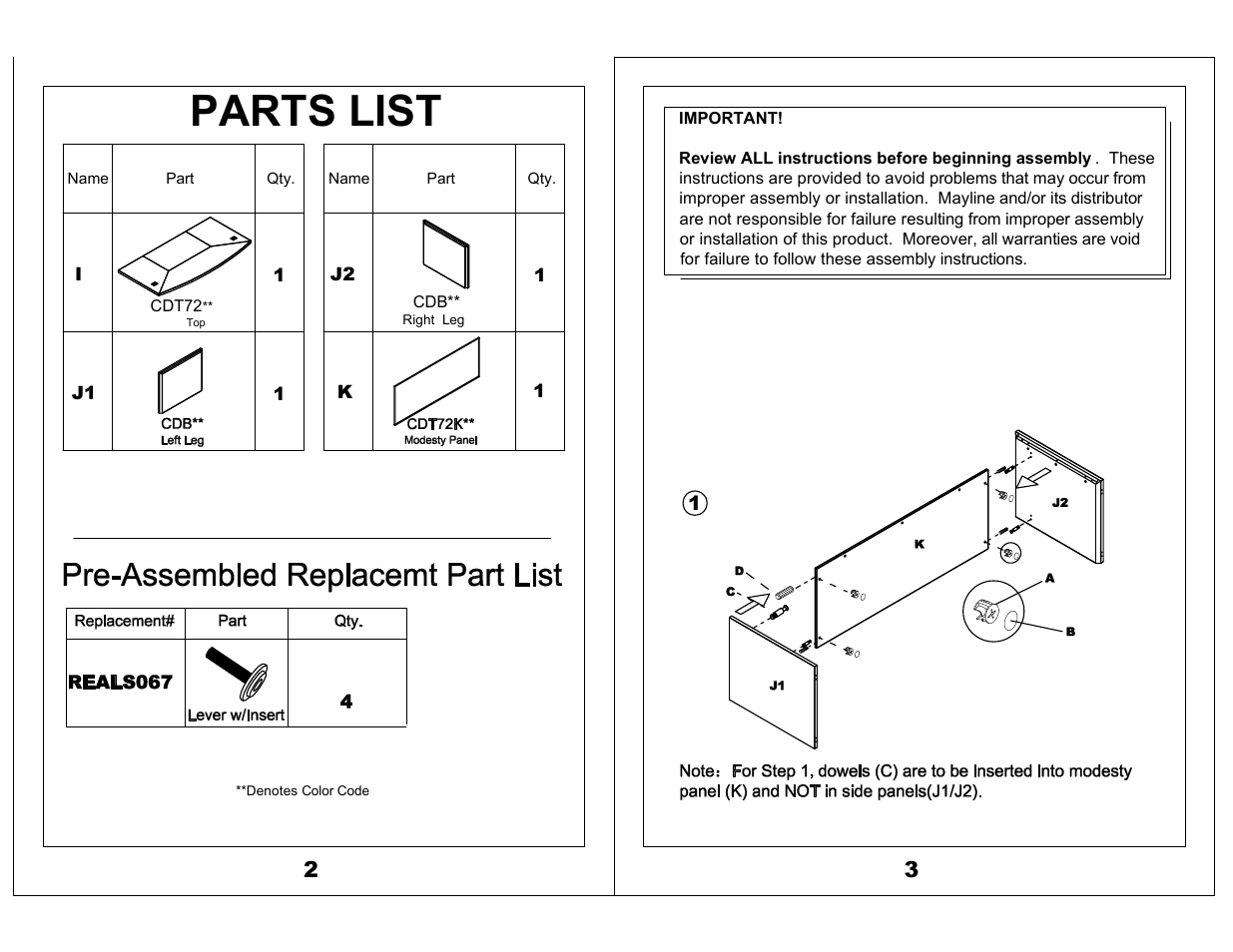 Parts list | Mayline Bowfront Desk Corsica Series User Manual | Page 2 / 3