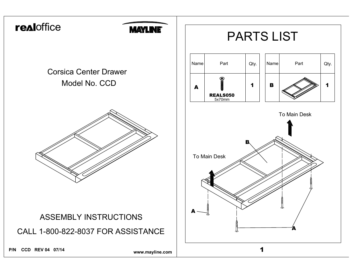 Mayline Center Drawer Corsica Series User Manual | 2 pages