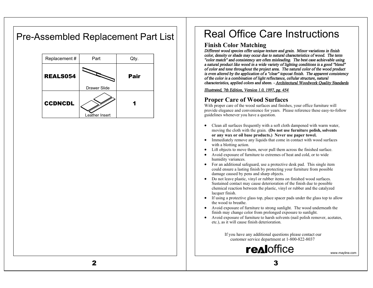 Ore l ffice, Real office care instructions, Pre-assembled replacement part list | Mayline Center Drawer Corsica Series User Manual | Page 2 / 2