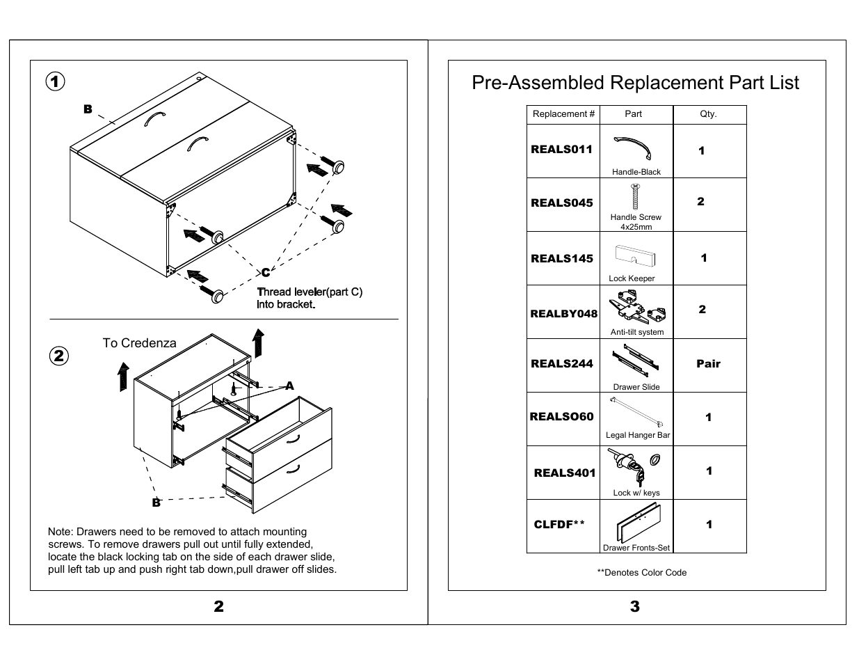 Pre-assembled replacement part list | Mayline Lateral File Corsica Series User Manual | Page 2 / 3