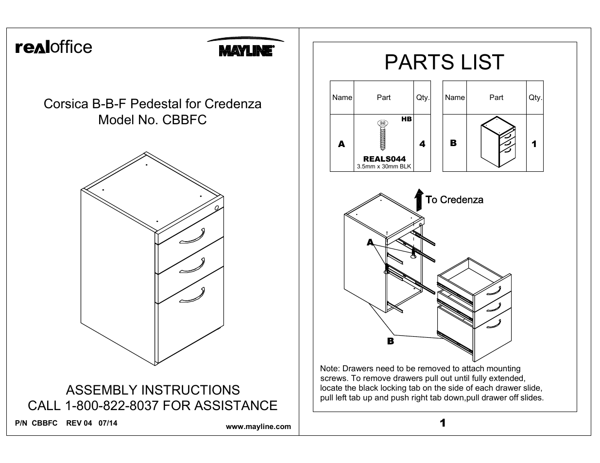 Mayline Pedestal for Credenza - BBF Corsica Series User Manual | 2 pages