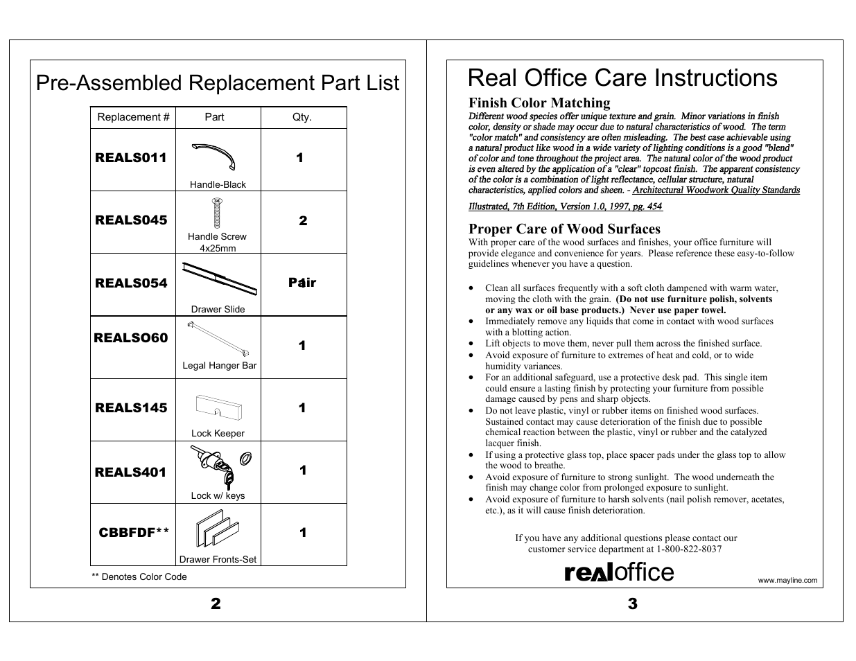 Ore l ffice, Real office care instructions, Pre-assembled replacement part list | Mayline Pedestal for Credenza - BBF Corsica Series User Manual | Page 2 / 2