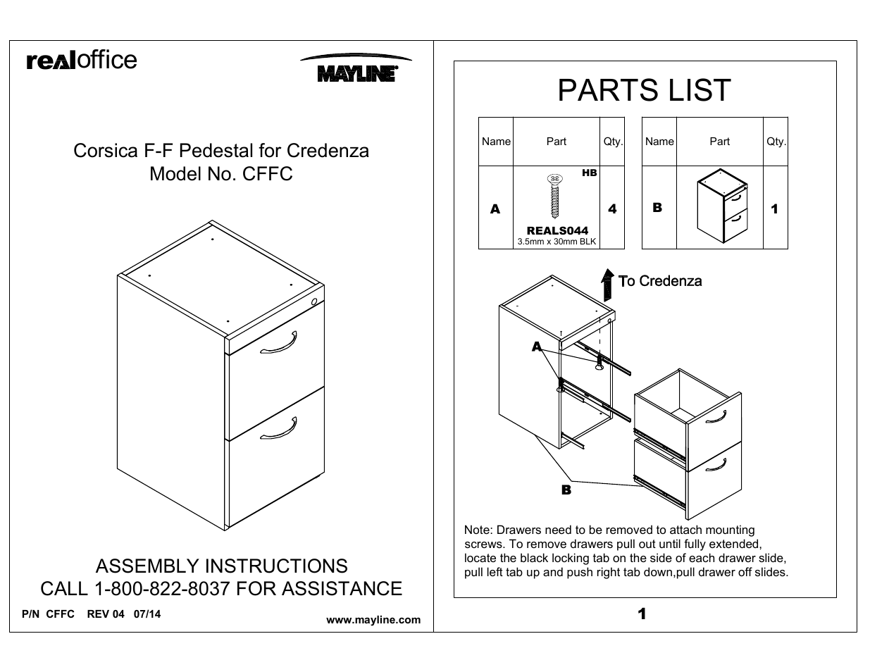 Mayline Pedestal for Credenza - FF Corsica Series User Manual | 2 pages