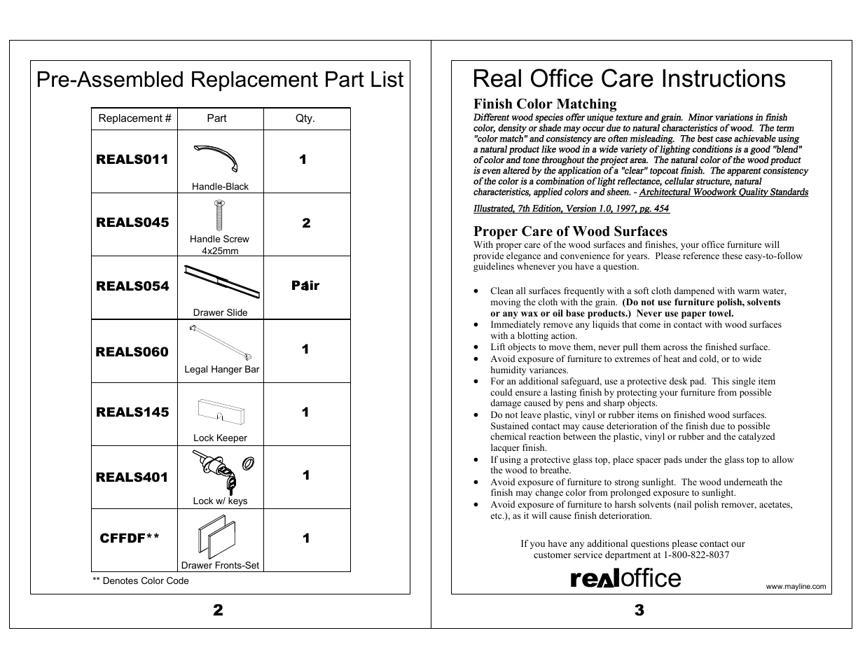 Ore l ffice, Real office care instructions, Pre-assembled replacement part list | Mayline Pedestal for Credenza - FF Corsica Series User Manual | Page 2 / 2