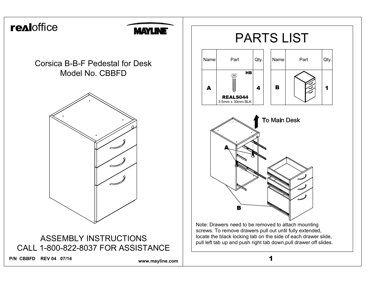 Mayline Pedestal for Desk - BBF Corsica Series User Manual | 2 pages