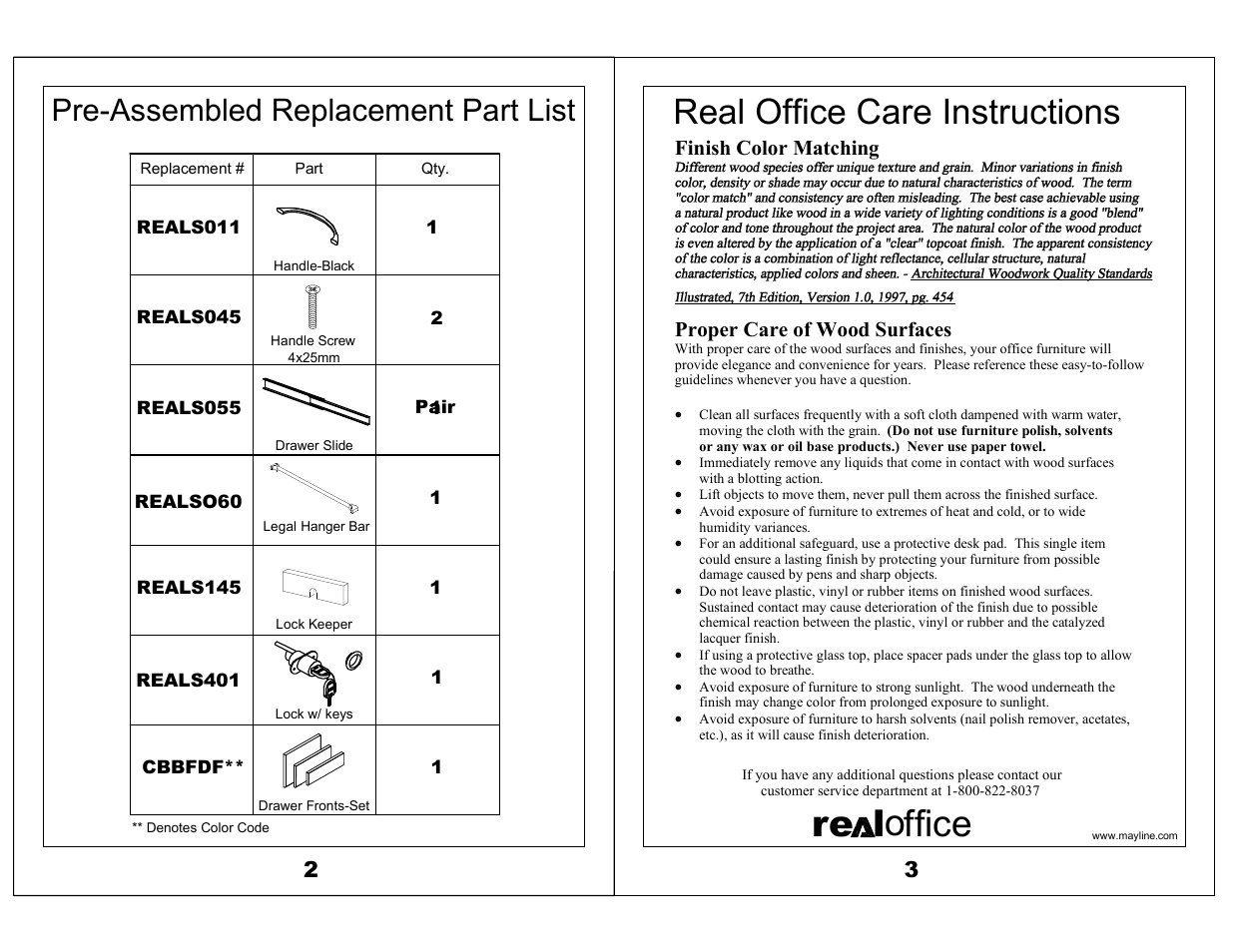 Ore l ffice, Real office care instructions, Pre-assembled replacement part list | Mayline Pedestal for Desk - BBF Corsica Series User Manual | Page 2 / 2