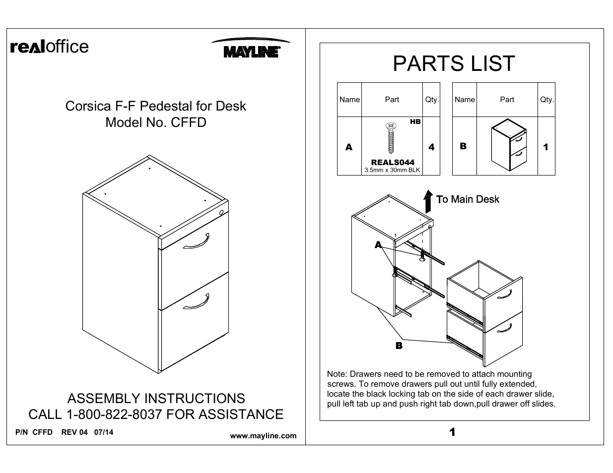 Mayline Pedestal for Desk - FF Corsica Series User Manual | 2 pages