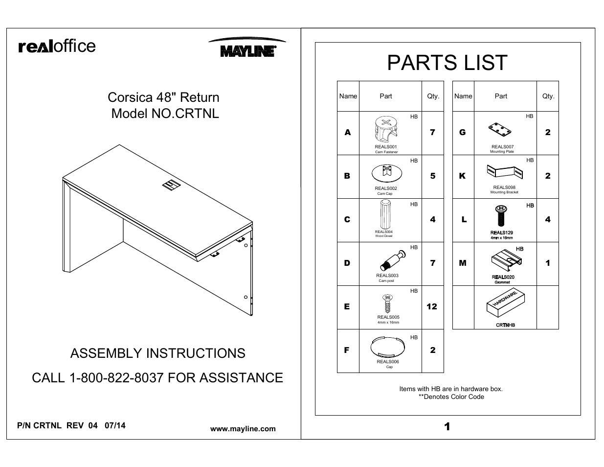 Mayline Return, Left Corsica Series User Manual | 4 pages