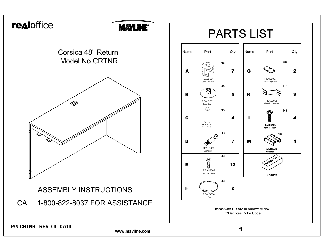 Mayline Return, Right Corsica Series User Manual | 4 pages