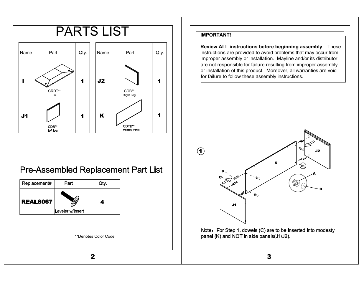 Parts list | Mayline Straight Front Desk Corsica Series User Manual | Page 2 / 3