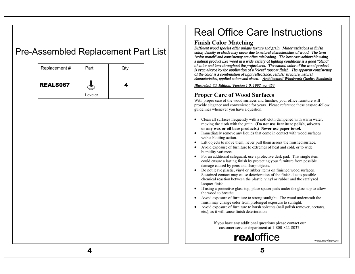 Ore l ffice, Real office care instructions, Pre-assembled replacement part list | Mayline 72" Conference Table Corsica Series User Manual | Page 3 / 3