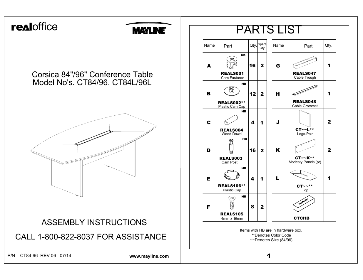 Mayline 84"/96 Conference Table Corsica Series" User Manual | 3 pages