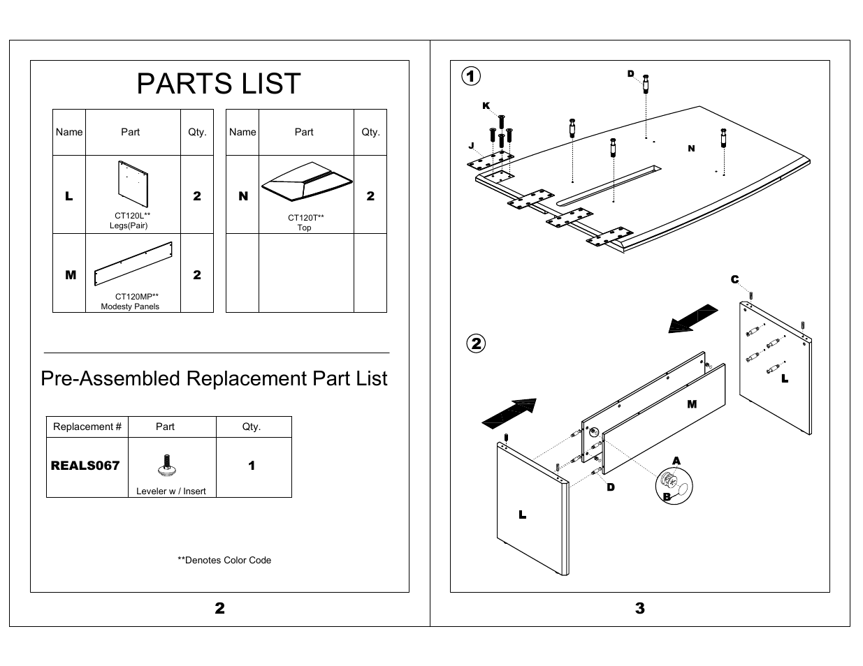 Parts list, Pre-assembled replacement part list | Mayline 120" Conference Table Corsica Series User Manual | Page 2 / 4