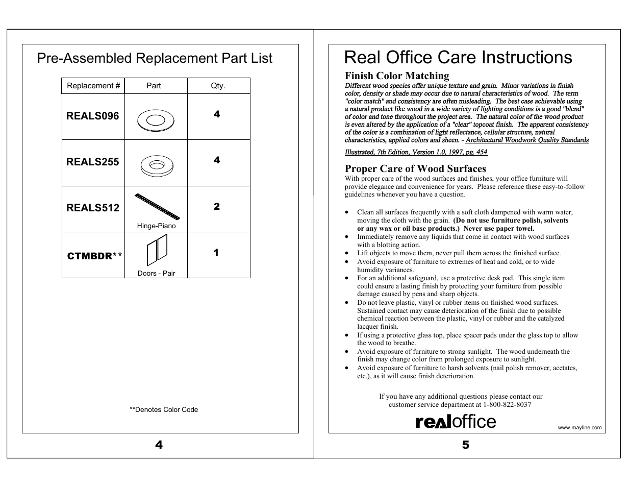 Ore l ffice, Real office care instructions, Pre-assembled replacement part list | Mayline Presentation Board Corsica Series User Manual | Page 3 / 3