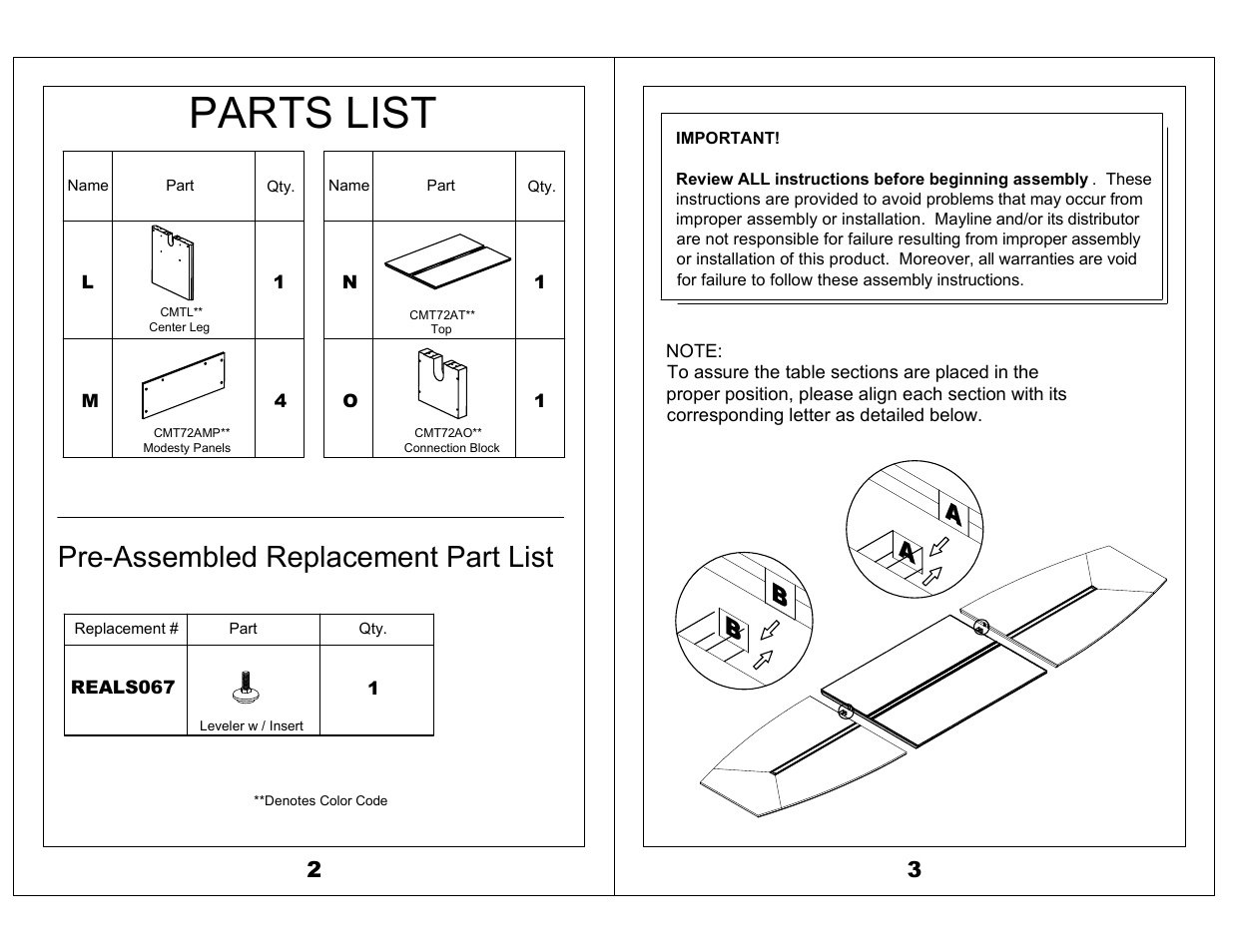 Parts list, Pre-assembled replacement part list | Mayline Top, Modesty Panel, and Base Leg - Adder Corsica Series User Manual | Page 2 / 5