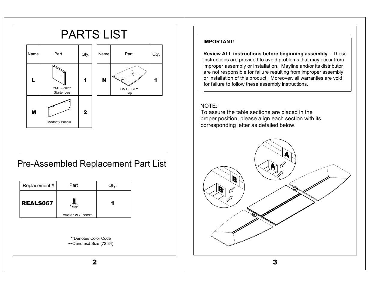 Parts list, Pre-assembled replacement part list | Mayline Top, Modesty Panel, and Base Leg - Starter Corsica Series User Manual | Page 2 / 4