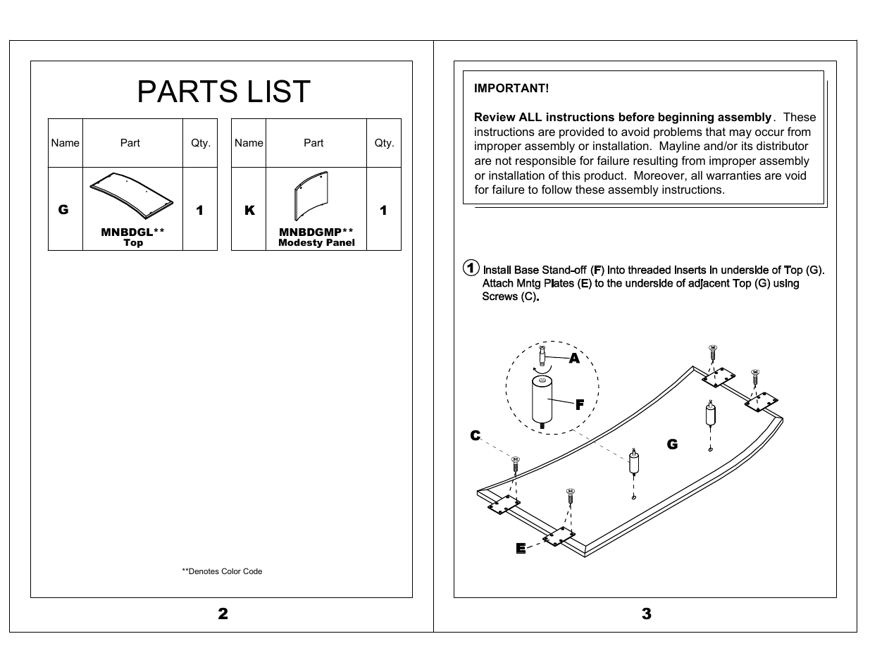 Parts list | Mayline Bridge, Left Medina Series User Manual | Page 2 / 3