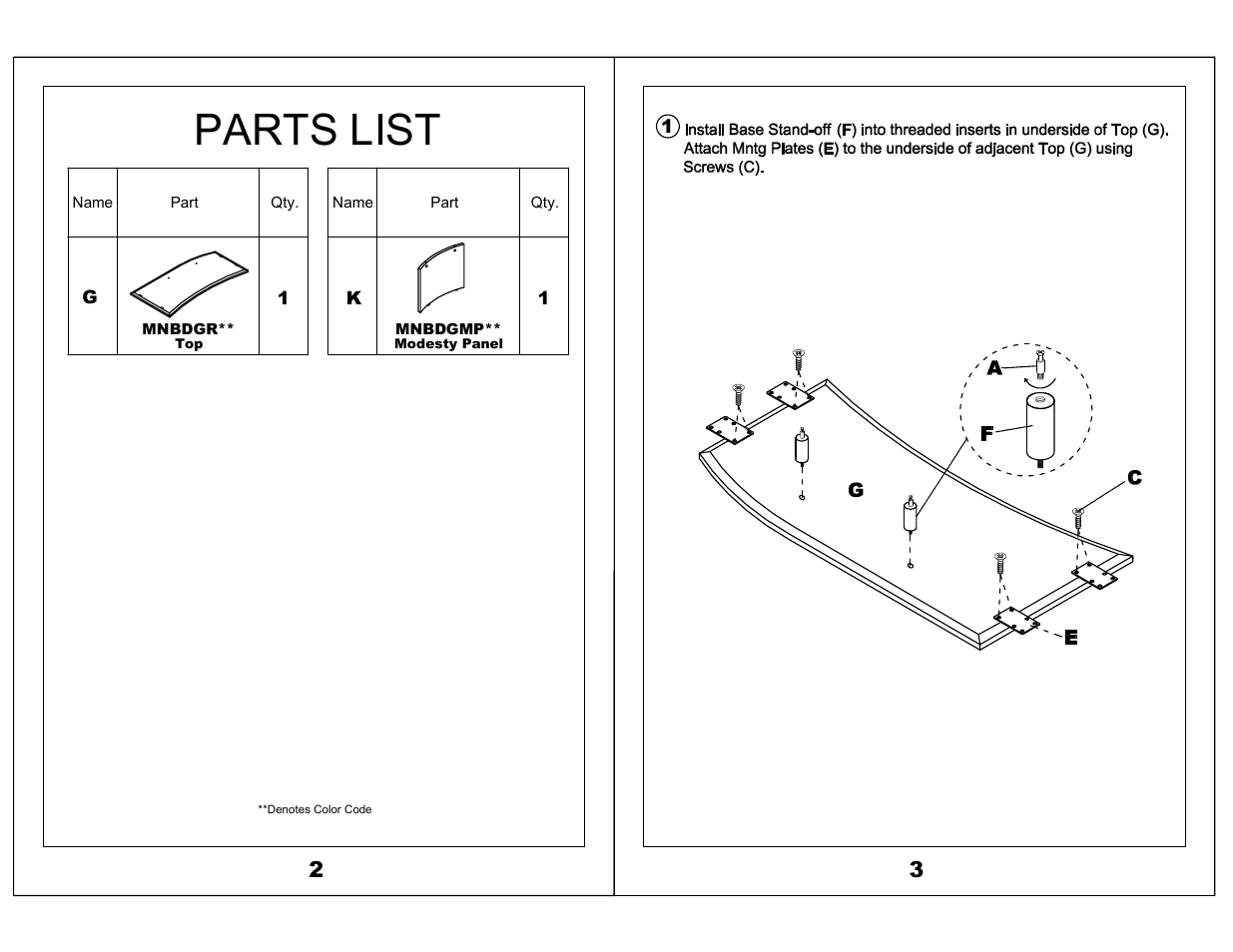 Parts list | Mayline Bridge, Right Medina Series User Manual | Page 2 / 3