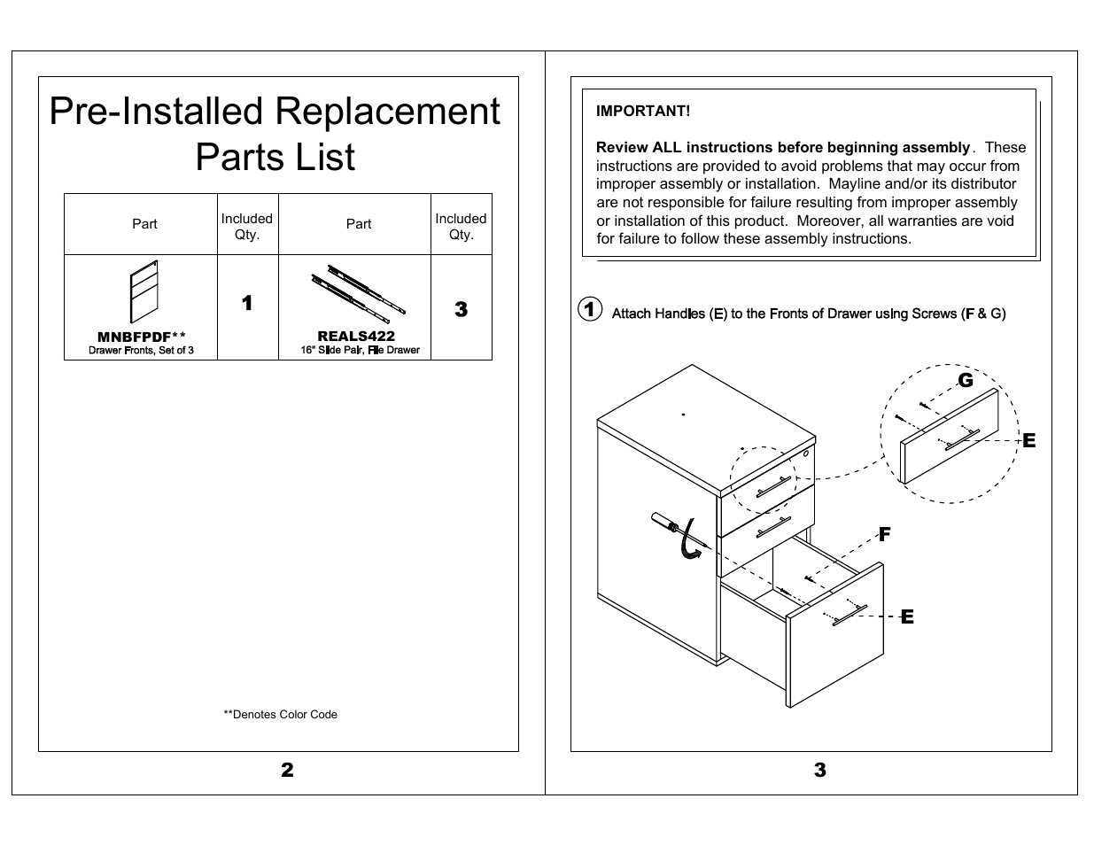 Pre-installed replacement parts list | Mayline MNBFP Medina Series User Manual | Page 2 / 4