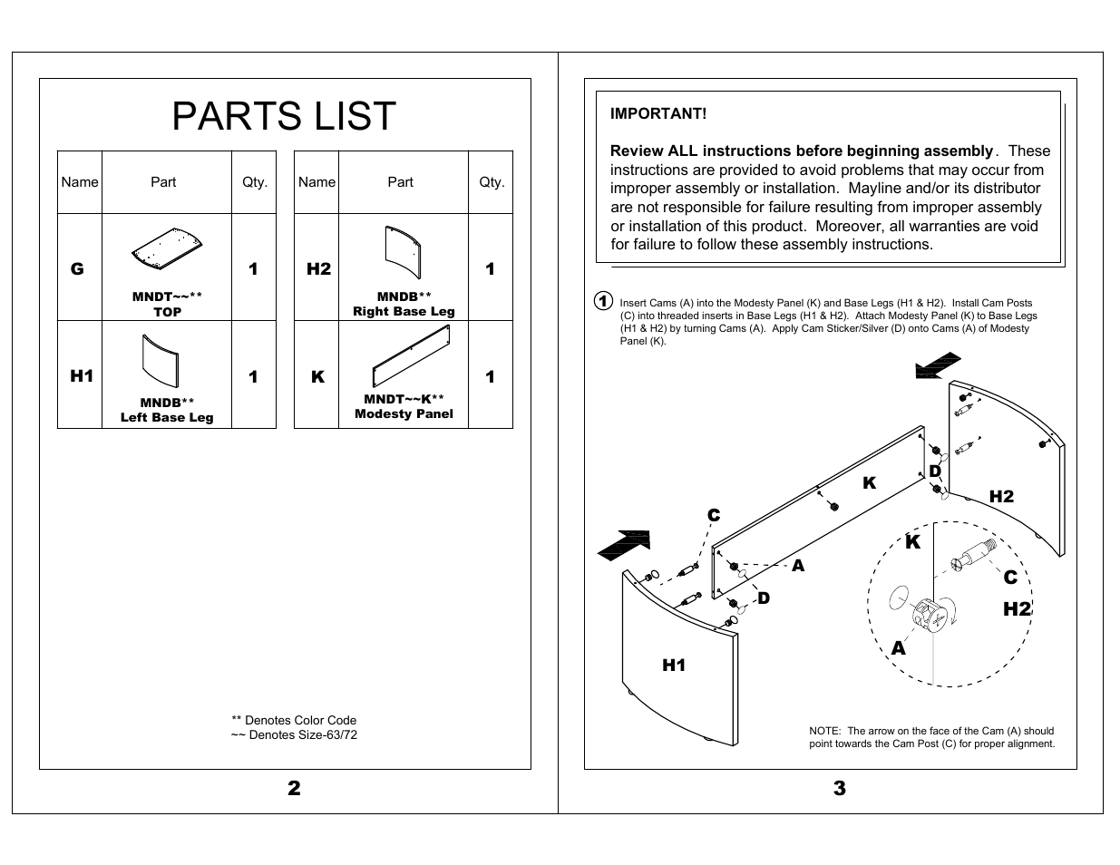 Parts list | Mayline Desk Top and Modesty Panel Medina Series User Manual | Page 2 / 3