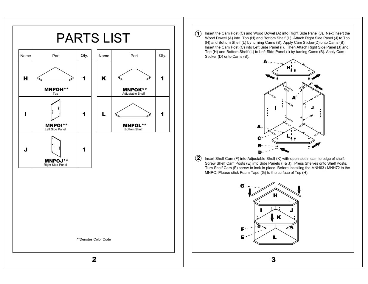 Parts list | Mayline Corner Support Medina Series User Manual | Page 2 / 2