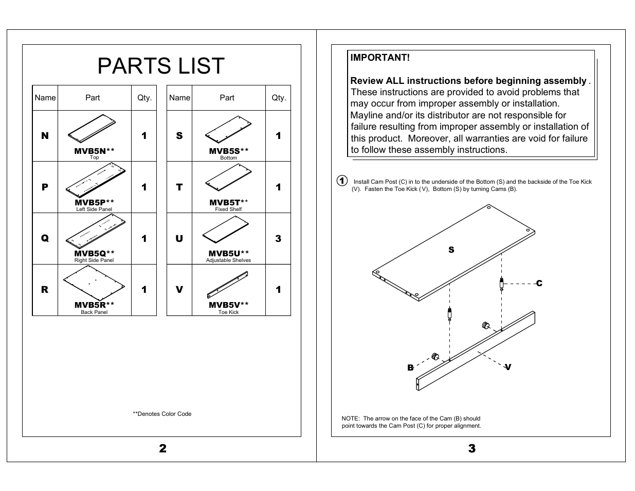 Parts list | Mayline MVB5 Bookcase Medina Series User Manual | Page 2 / 4