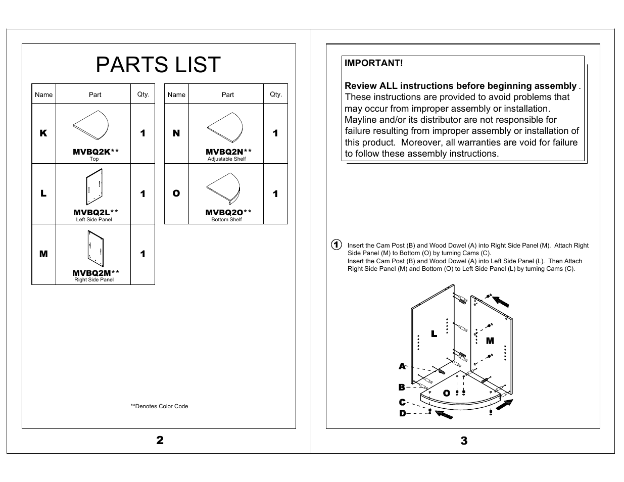 Parts list | Mayline MVBQ2 Bookcase Quarter Rnd 2-Shelf Medina Series User Manual | Page 2 / 3