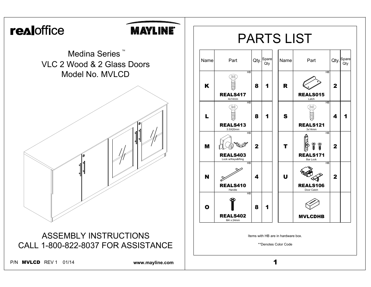 Mayline MVLCD VLC 2 Wood & 2 Glass Doors Medina Series User Manual | 5 pages