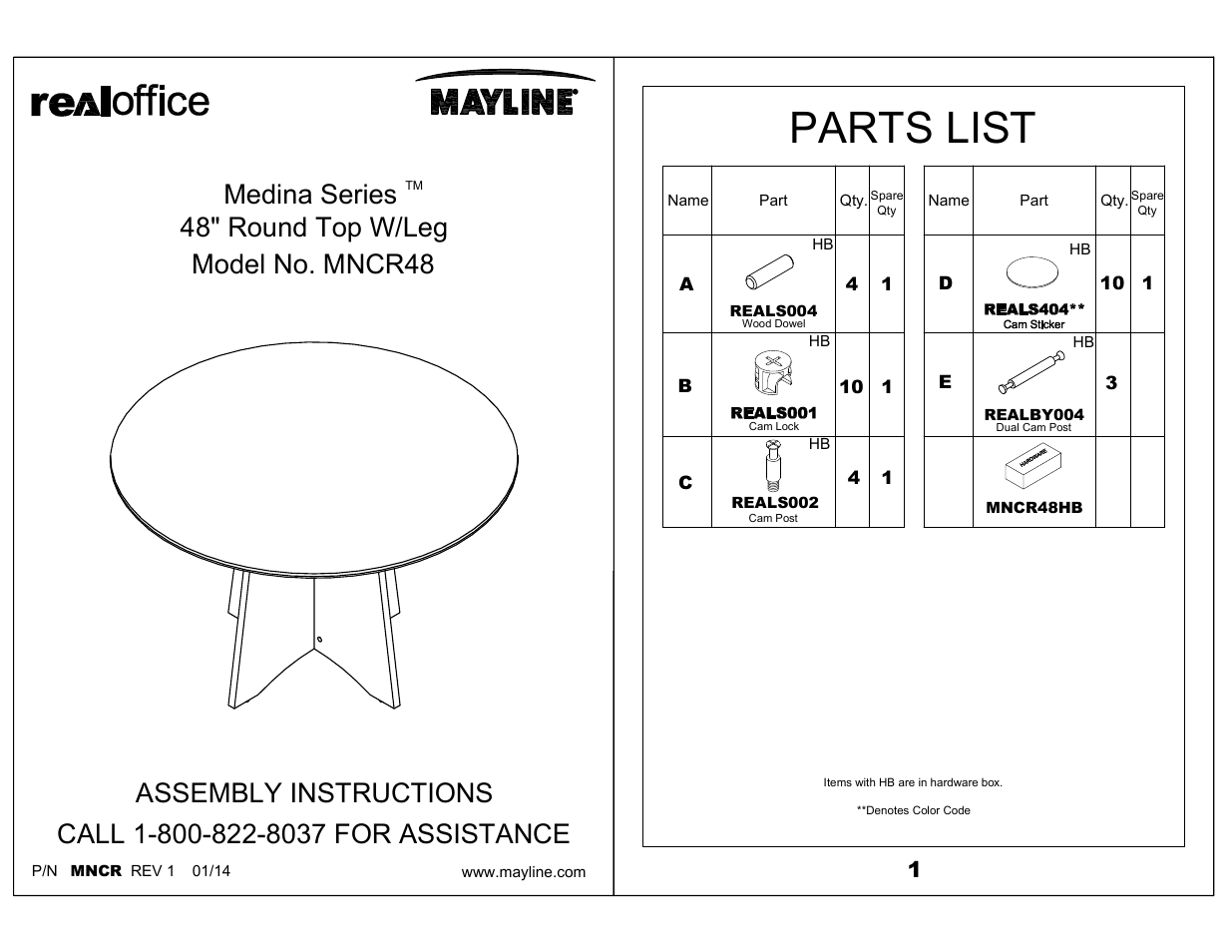 Mayline MNCR48 48" Round Top W/Leg Medina Series User Manual | 3 pages