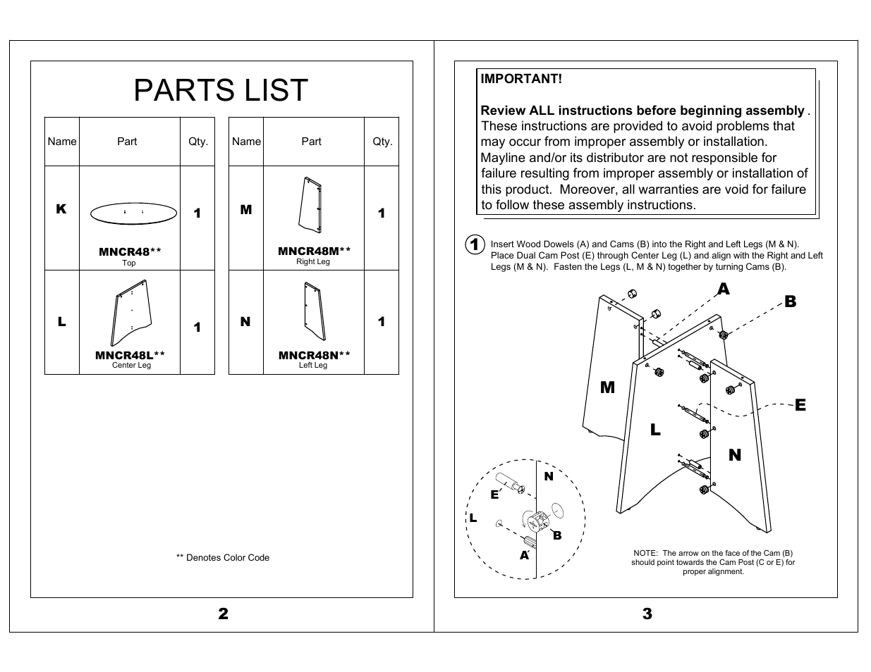 Parts list, Lm n b e | Mayline MNCR48 48" Round Top W/Leg Medina Series User Manual | Page 2 / 3