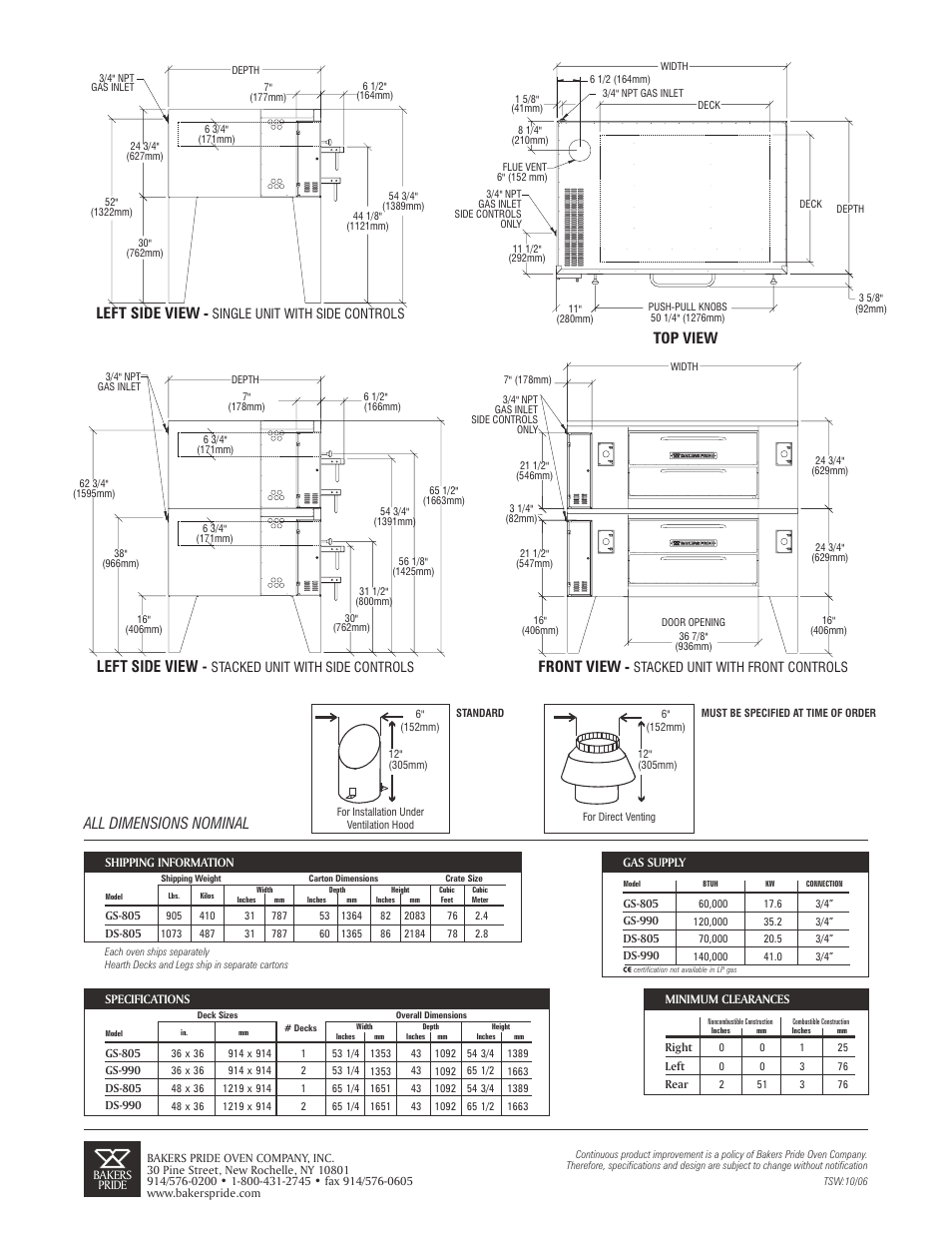 All dimensions nominal, Left side view, Top view | Front view | Bakers Pride GS-990 Double User Manual | Page 2 / 2