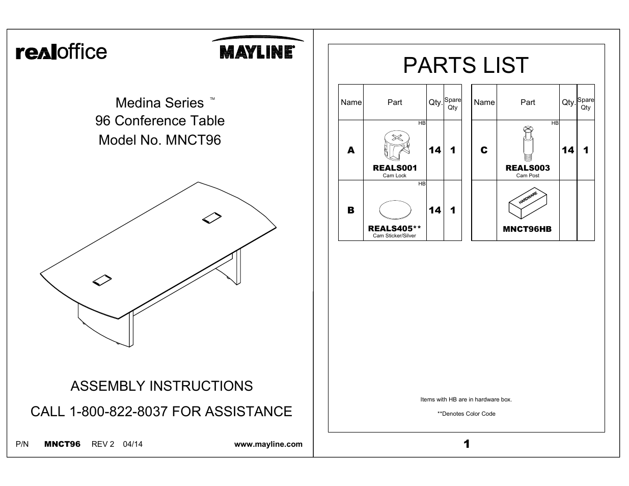 Mayline MNCT96 96 Conference Table Medina Series User Manual | 3 pages