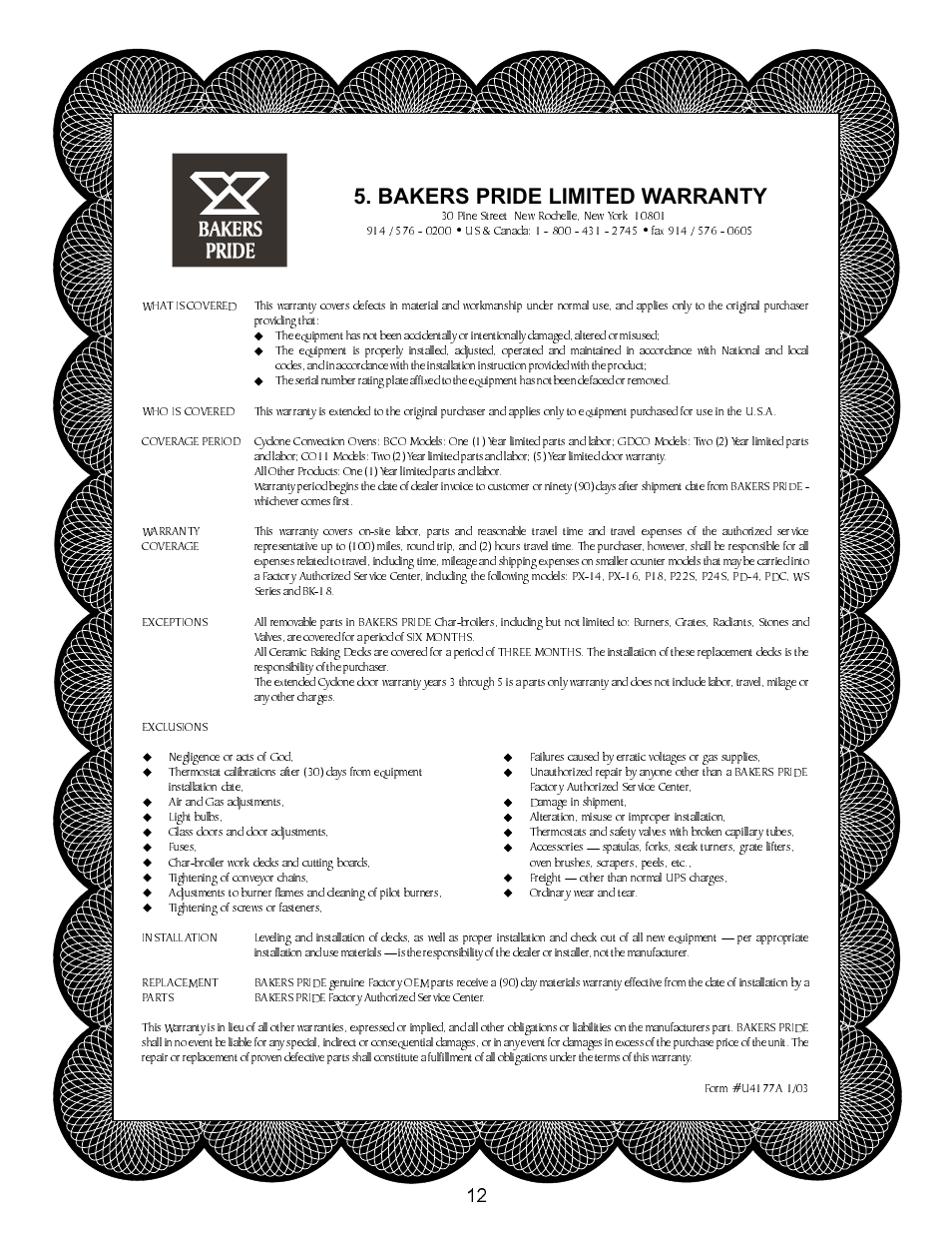 Bakers pride limited warranty | Bakers Pride SGBR User Manual | Page 12 / 12