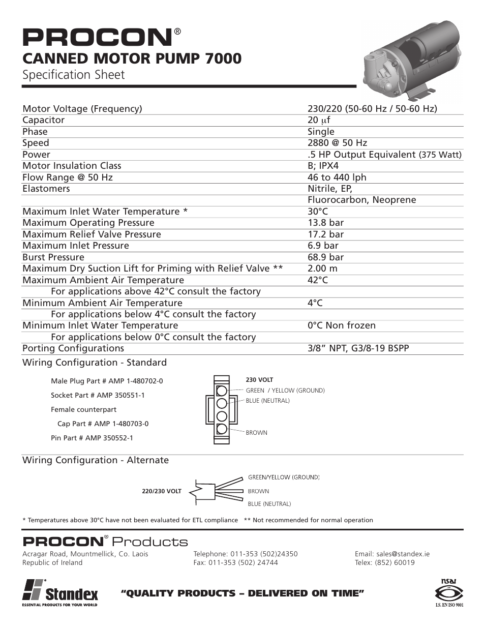 Standex Canned Motor Pump 7000 User Manual | 2 pages