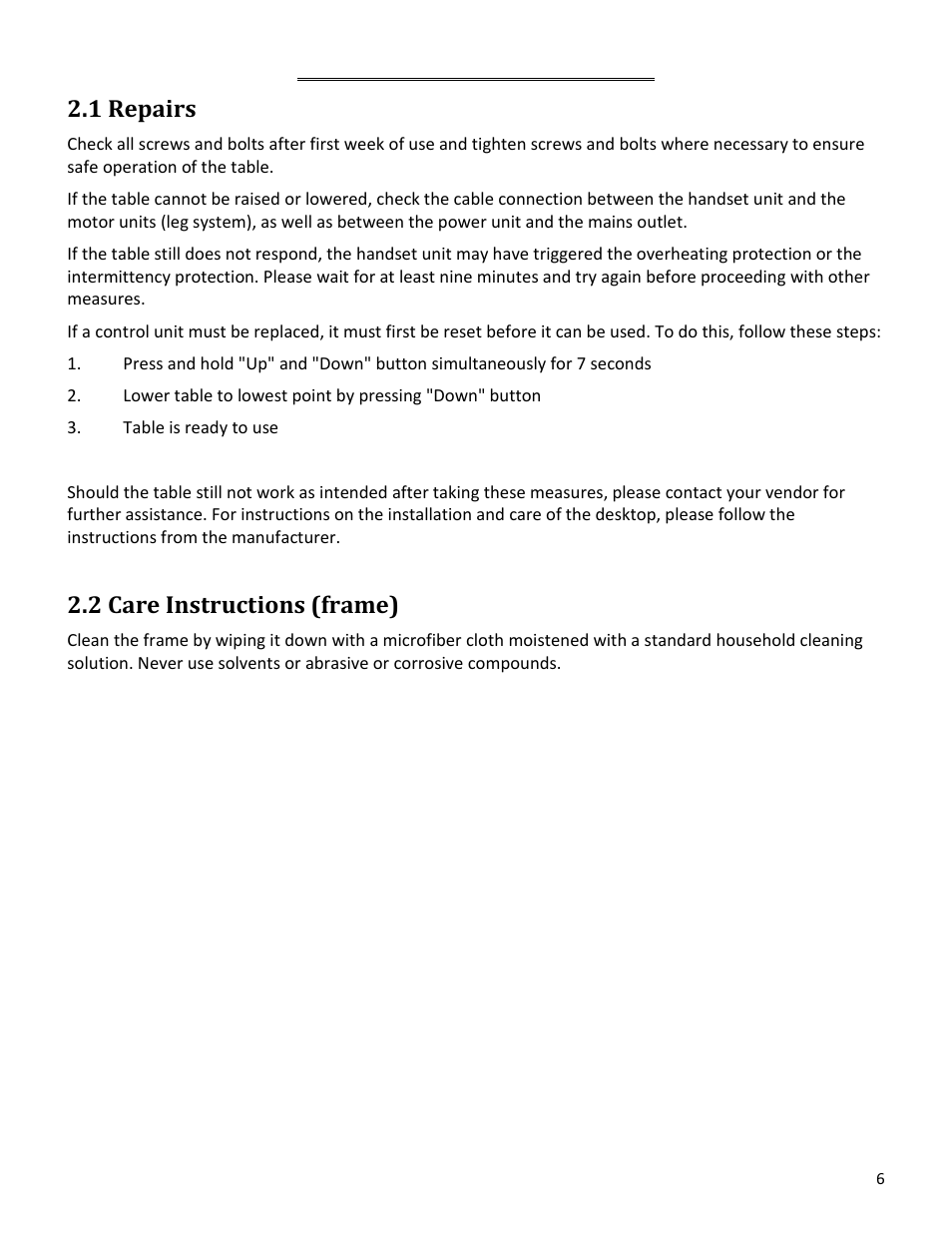 1 repairs, 2 care instructions (frame), Epairs | Nstructions, Frame, Maintenance & repairs | Mayline RGE User Manual | Page 6 / 13