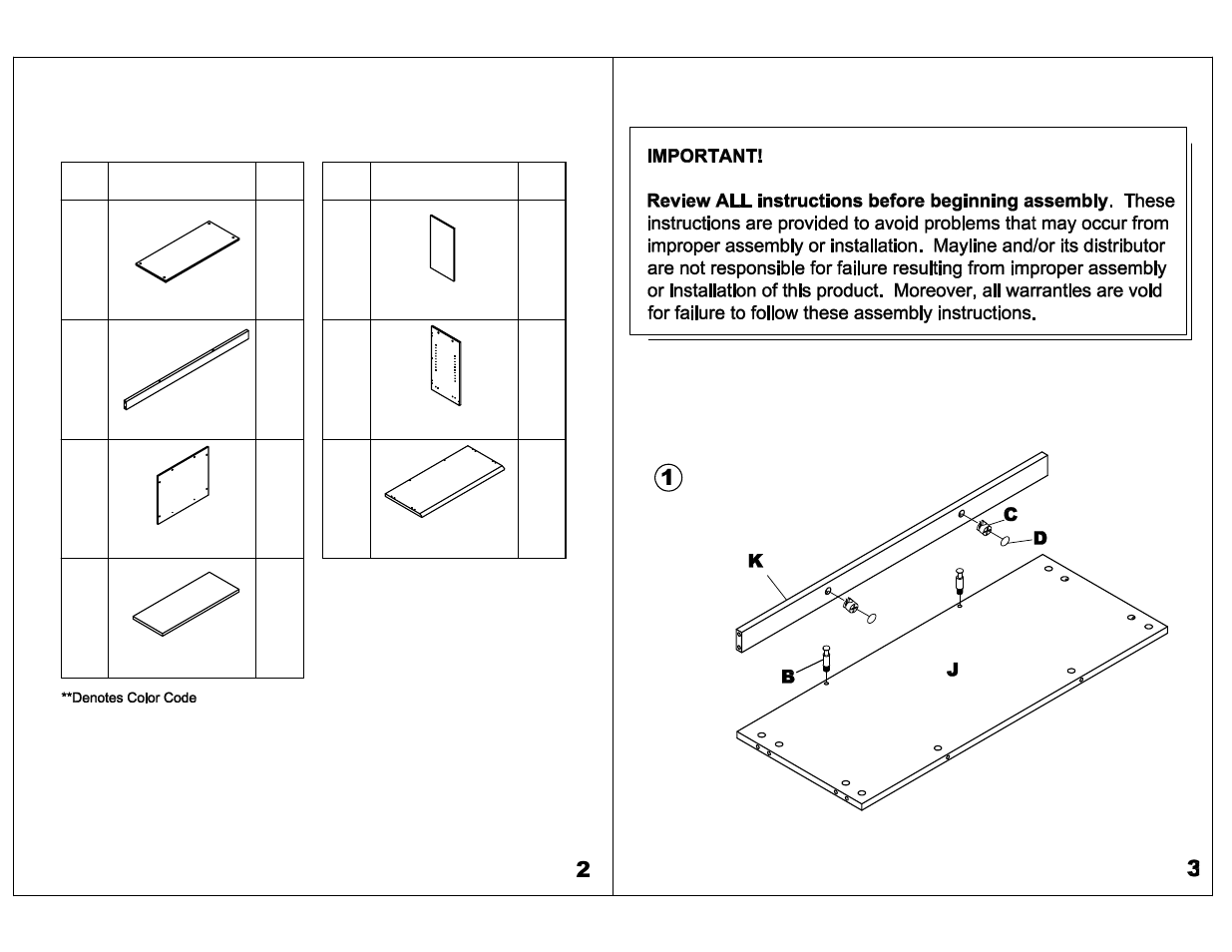 Parts list | Mayline VB2 Bookcase, 2-Shelf User Manual | Page 2 / 4