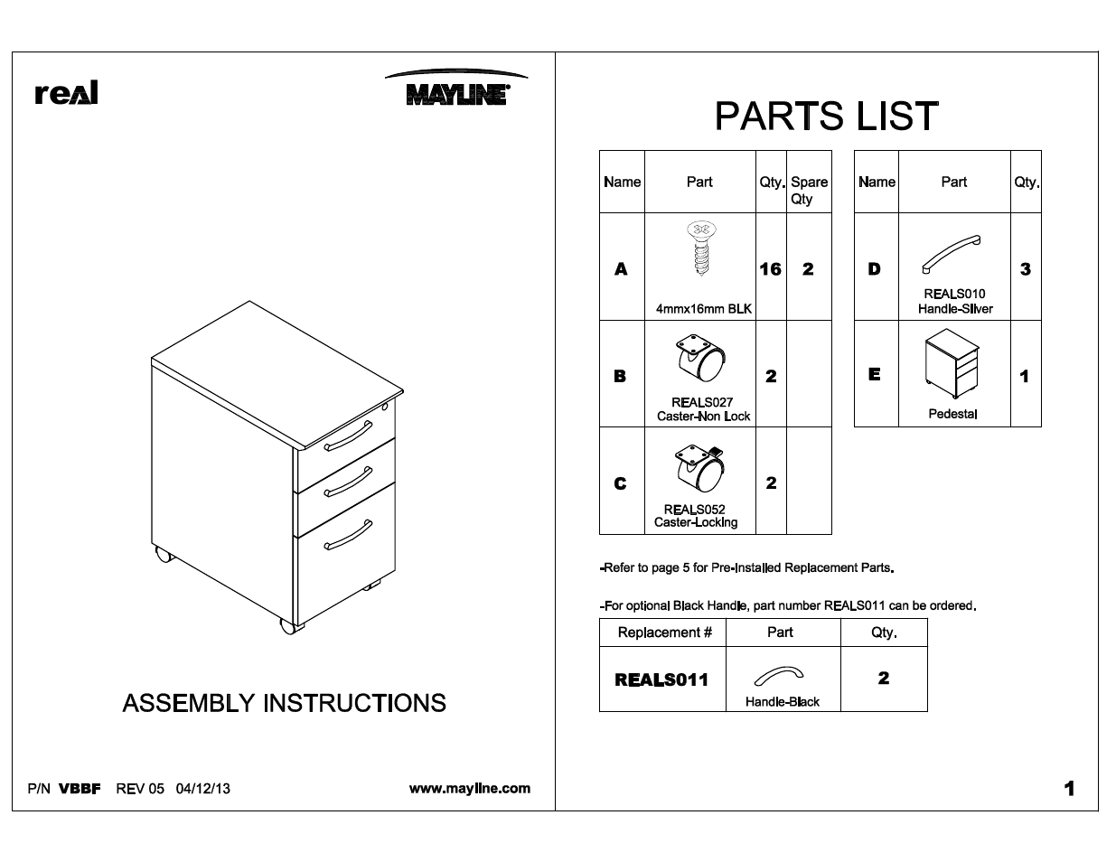 Mayline VBBF Box-Box-File Mobile Pedestal User Manual | 4 pages