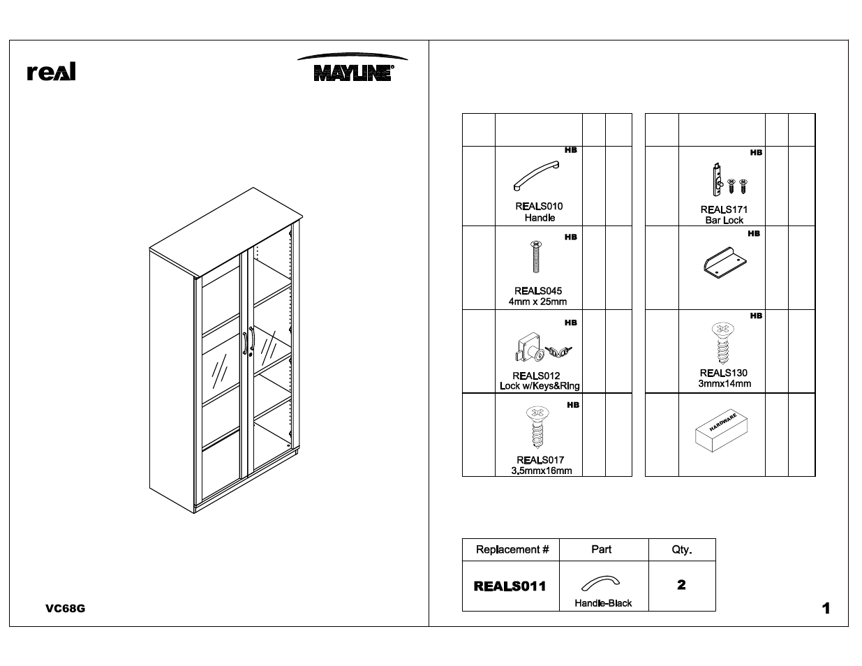 Mayline VC68G Glass Doors for 68" Wall Cabinet User Manual | 5 pages