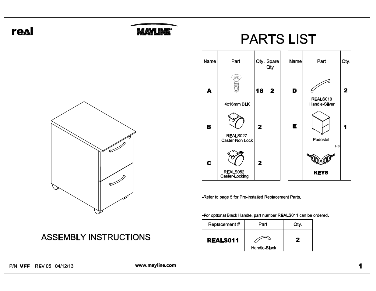 Mayline VFF File-File Mobile Pedestal User Manual | 4 pages