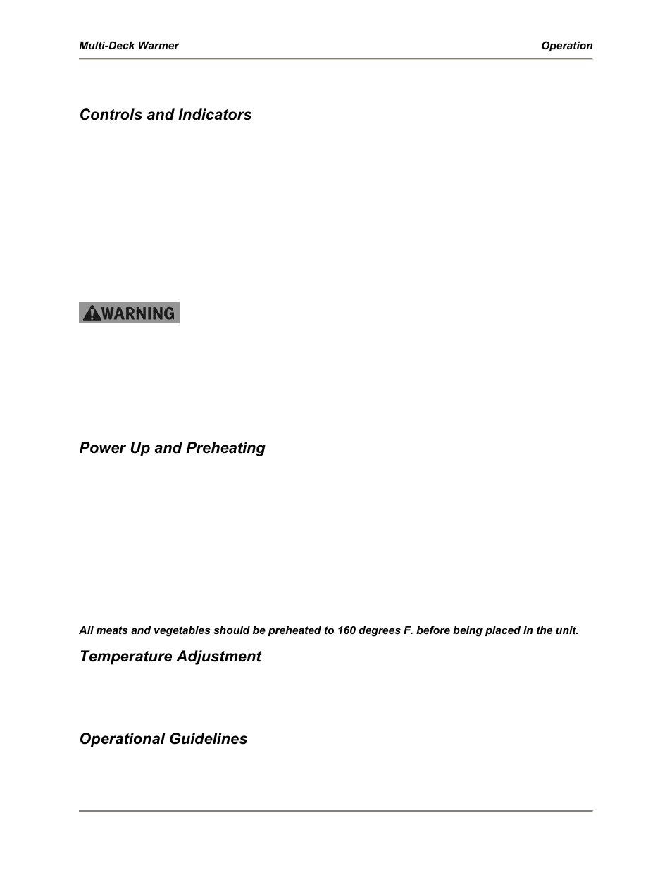 Operation, Controls and indicators, Power up and preheating | Temperature adjustment, Operational guidelines, Shelf power/lighting, Shelf temperature | BKI Multi-Deck Warmer MDW User Manual | Page 6 / 16
