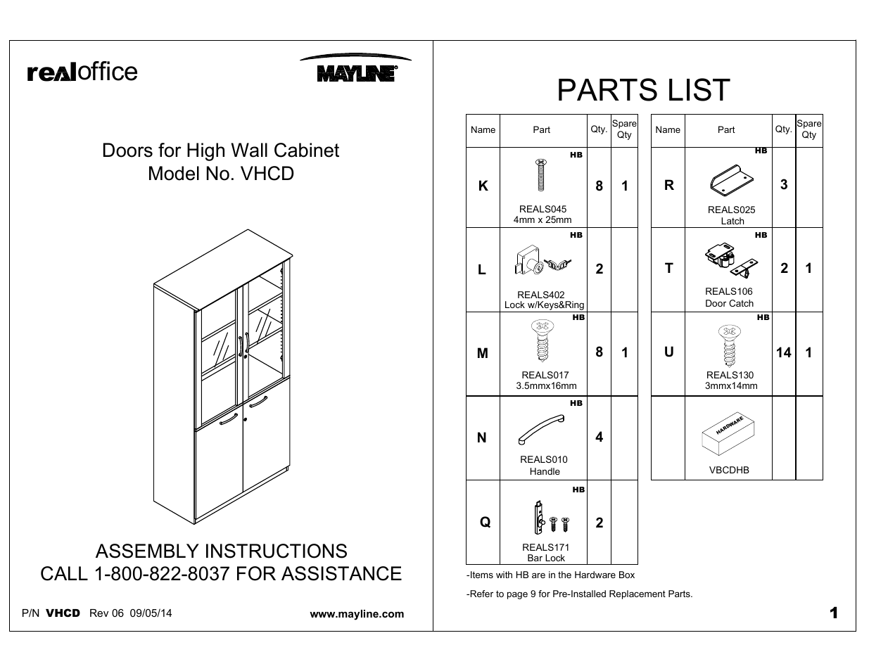 Mayline VHCD Doors for High Wall Cabinet User Manual | 5 pages