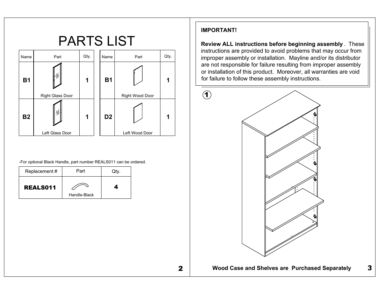 Parts list | Mayline VHCD Doors for High Wall Cabinet User Manual | Page 2 / 5